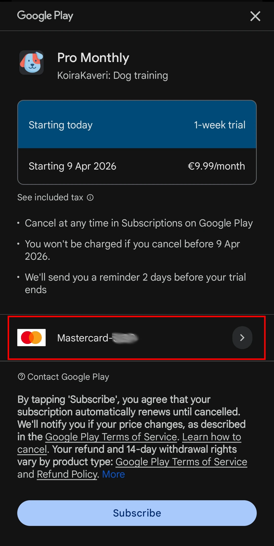 KoiraKaveri Android – Maksutavan valinta