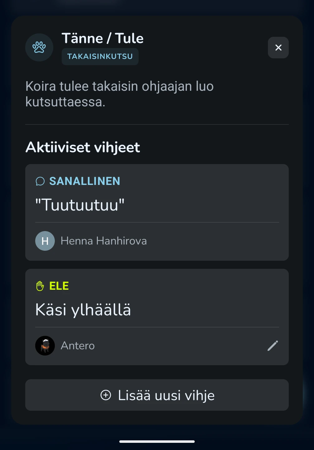 KoiraKaveri sanakirja – yksittäisen vihjeen tiedot ja eleet