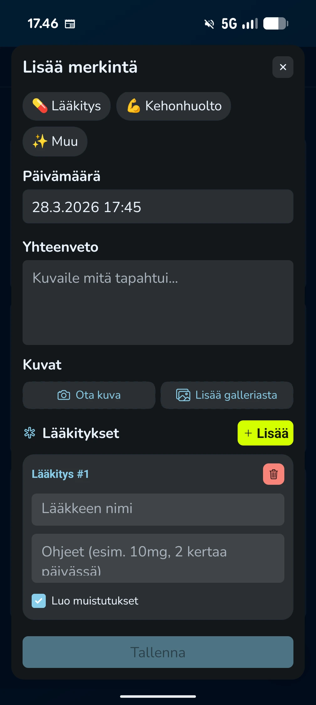 KoiraKaveri terveyspäiväkirja – uuden merkinnän lisääminen