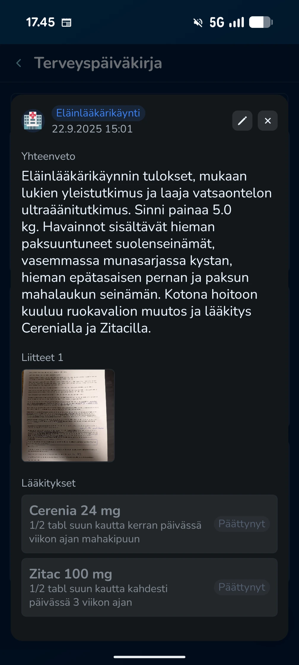 KoiraKaveri terveyspäiväkirja – merkinnän tiedot