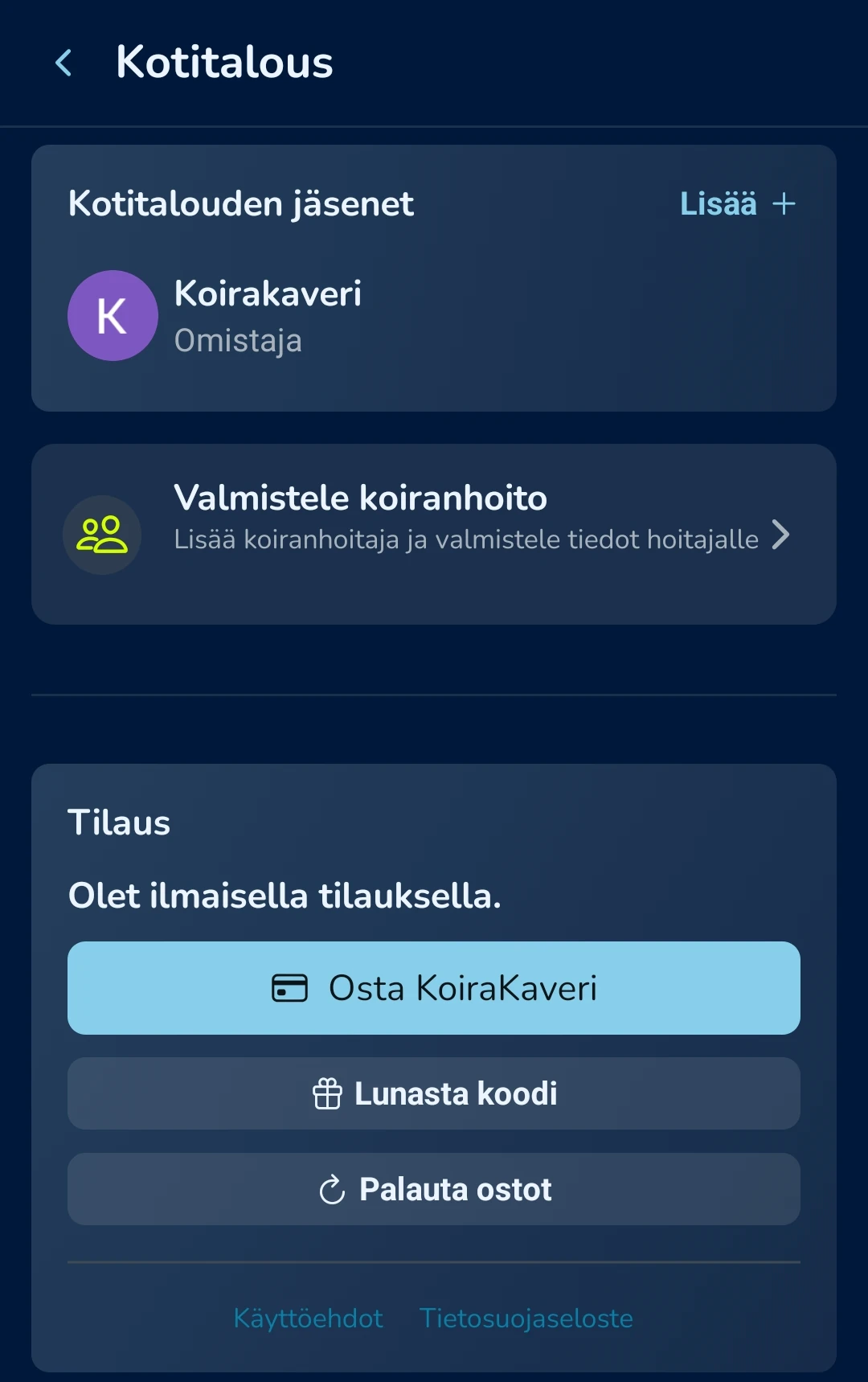 KoiraKaveri – Lunasta Koodi tilauksen hallinnassa