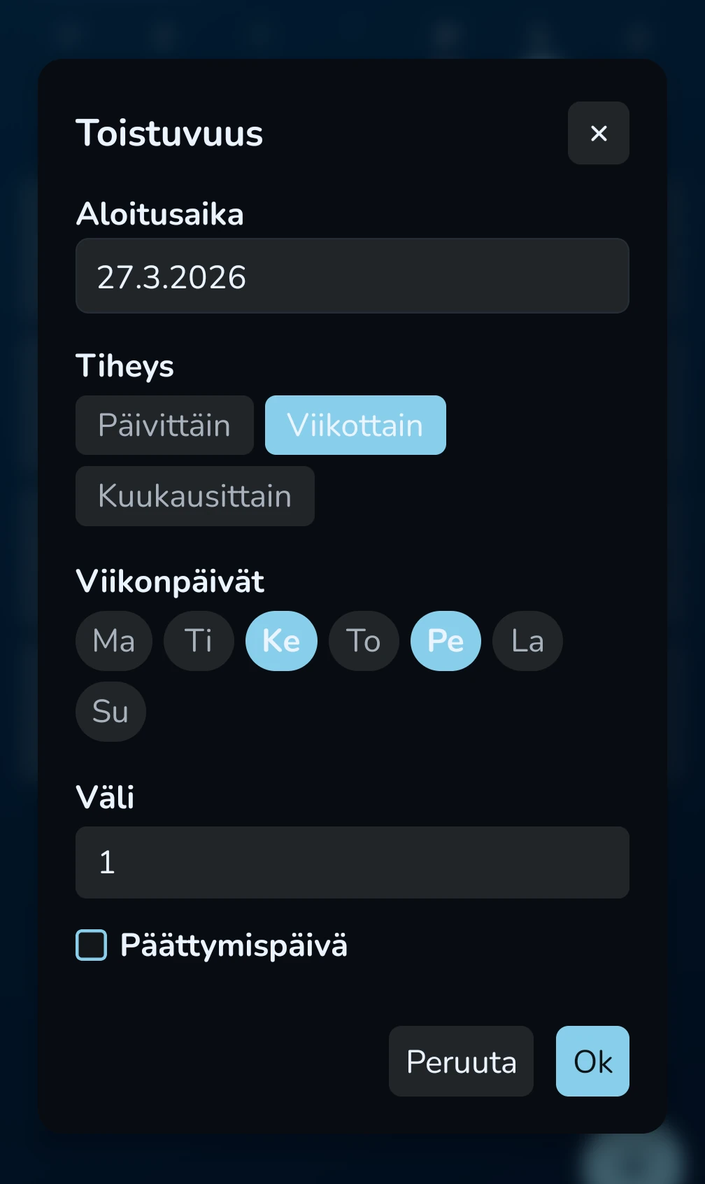 KoiraKaveri rutiinit – toistuvuuden asetukset