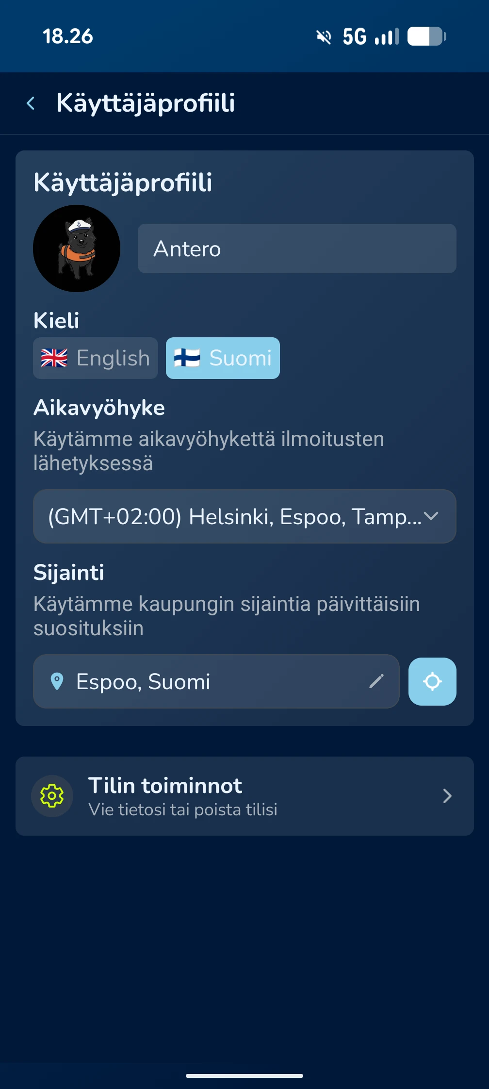 KoiraKaveri käyttäjäprofiili – kieli- ja sijaintiasetukset
