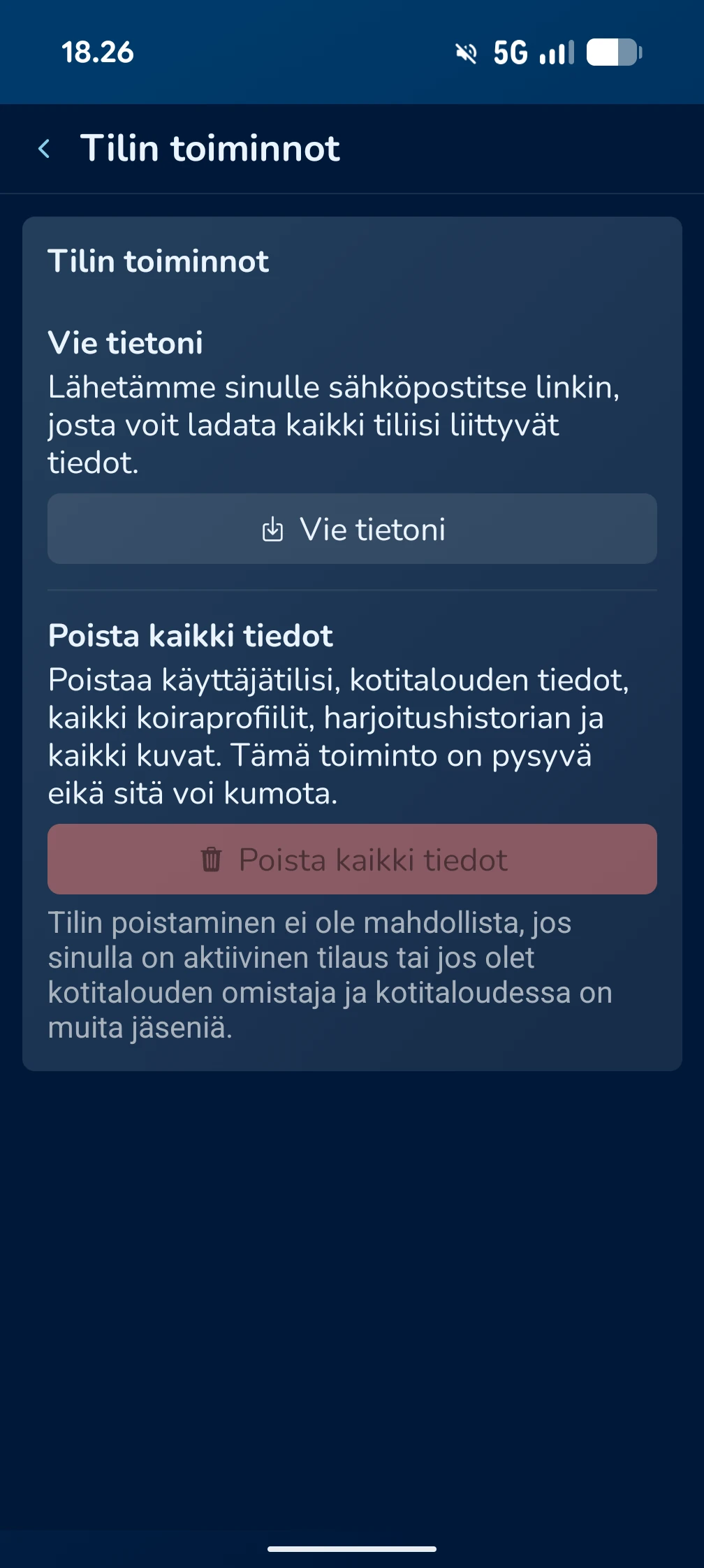 KoiraKaveri tilin toiminnot – tietojen vienti ja poistaminen