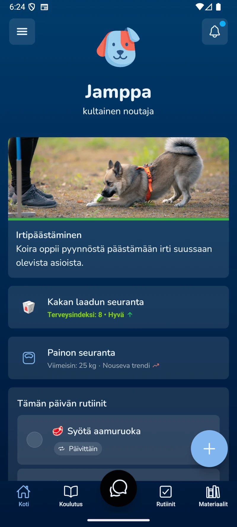 Koirakaveri koira app – päänäkymä puhelimessa